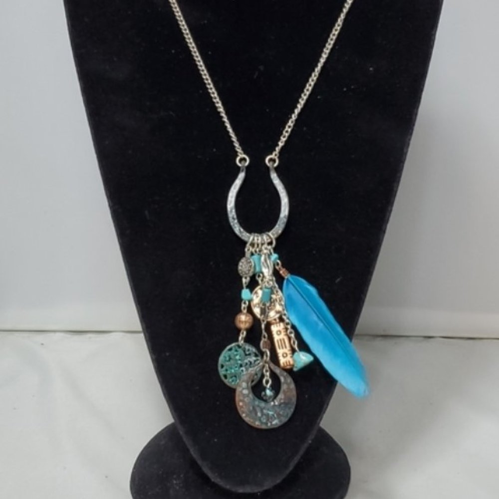 Ruff hewn horseshoe and charm necklace silver chain